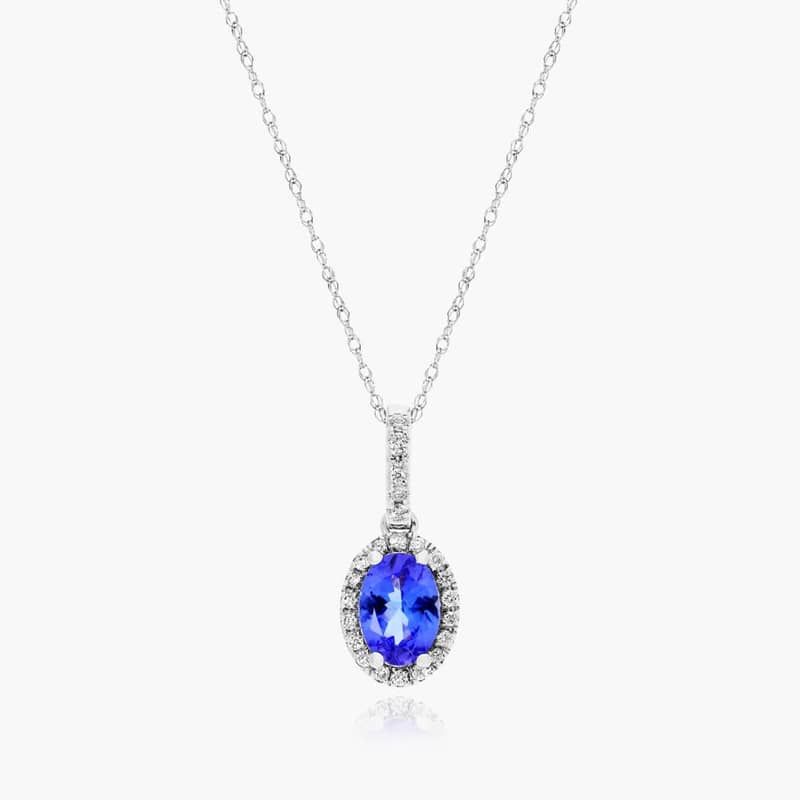14K White Gold Oval Halo Tanzanite and Diamond Necklace