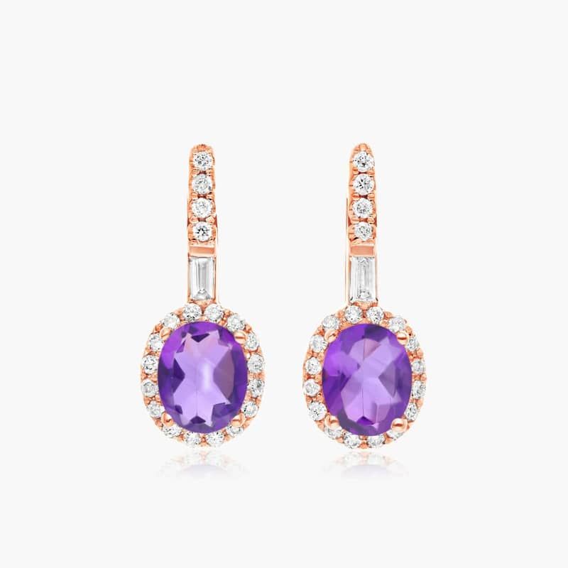 Petite Amethyst And Diamond Halo Drop Earrings In 14K Rose Gold