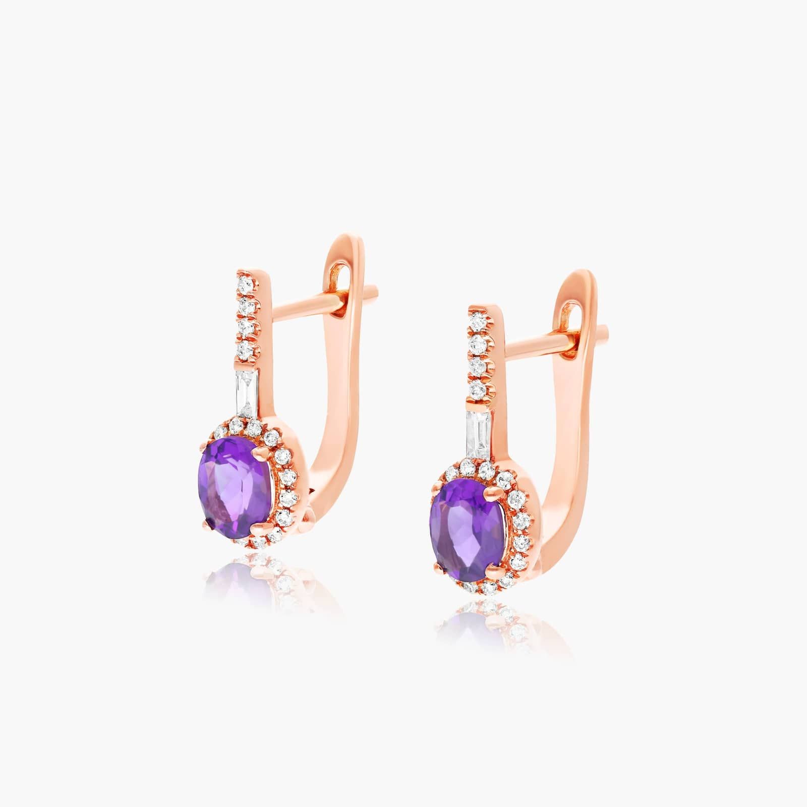 Petite Amethyst And Diamond Halo Drop Earrings In 14K Rose Gold