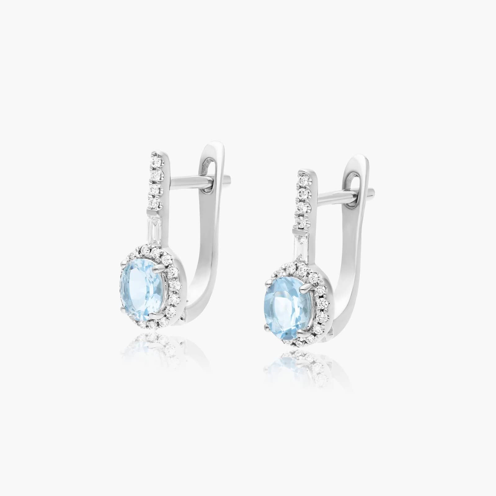 Petite Aquamarine And Diamond Halo Drop Earrings In 14K White Gold