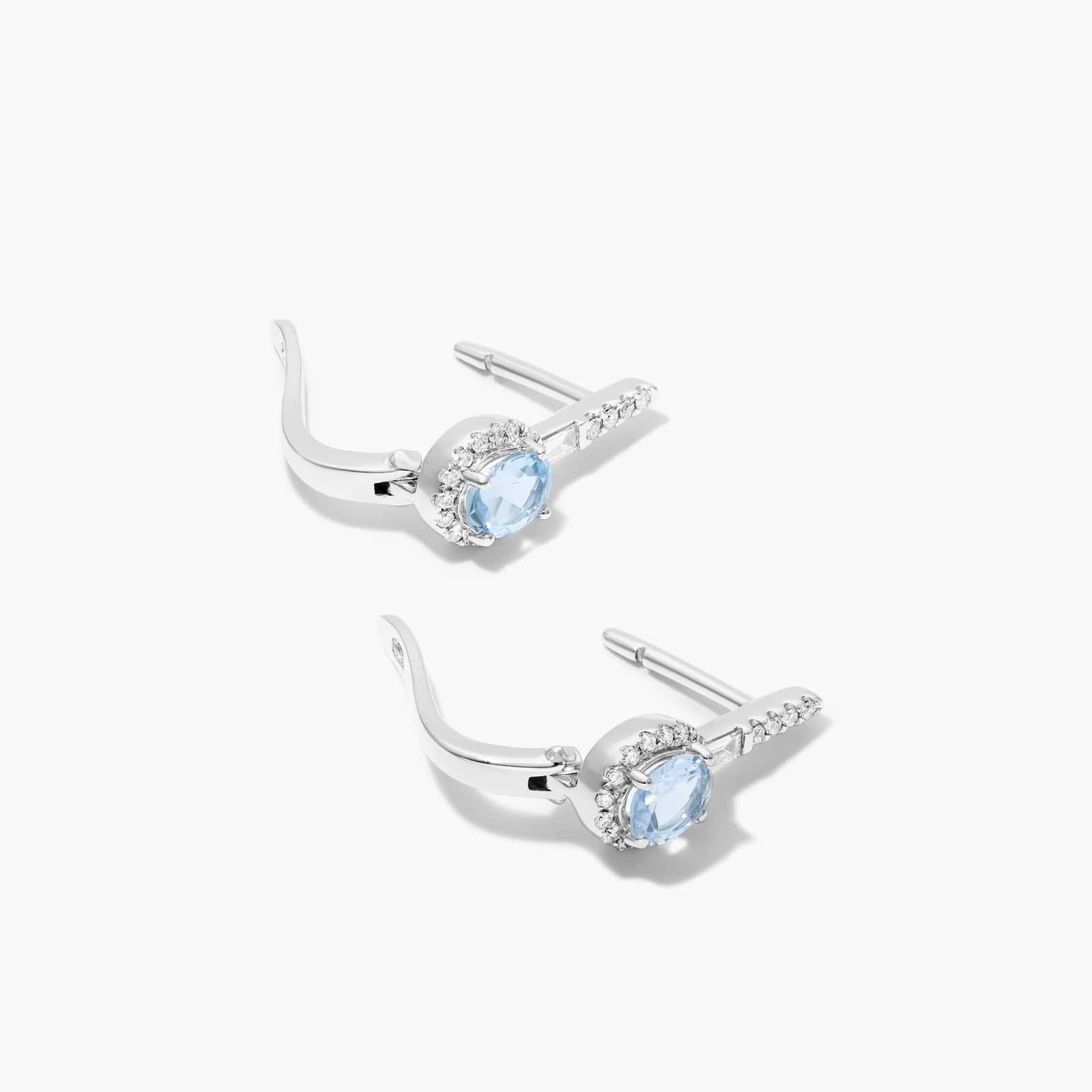Petite Aquamarine And Diamond Halo Drop Earrings In 14K White Gold