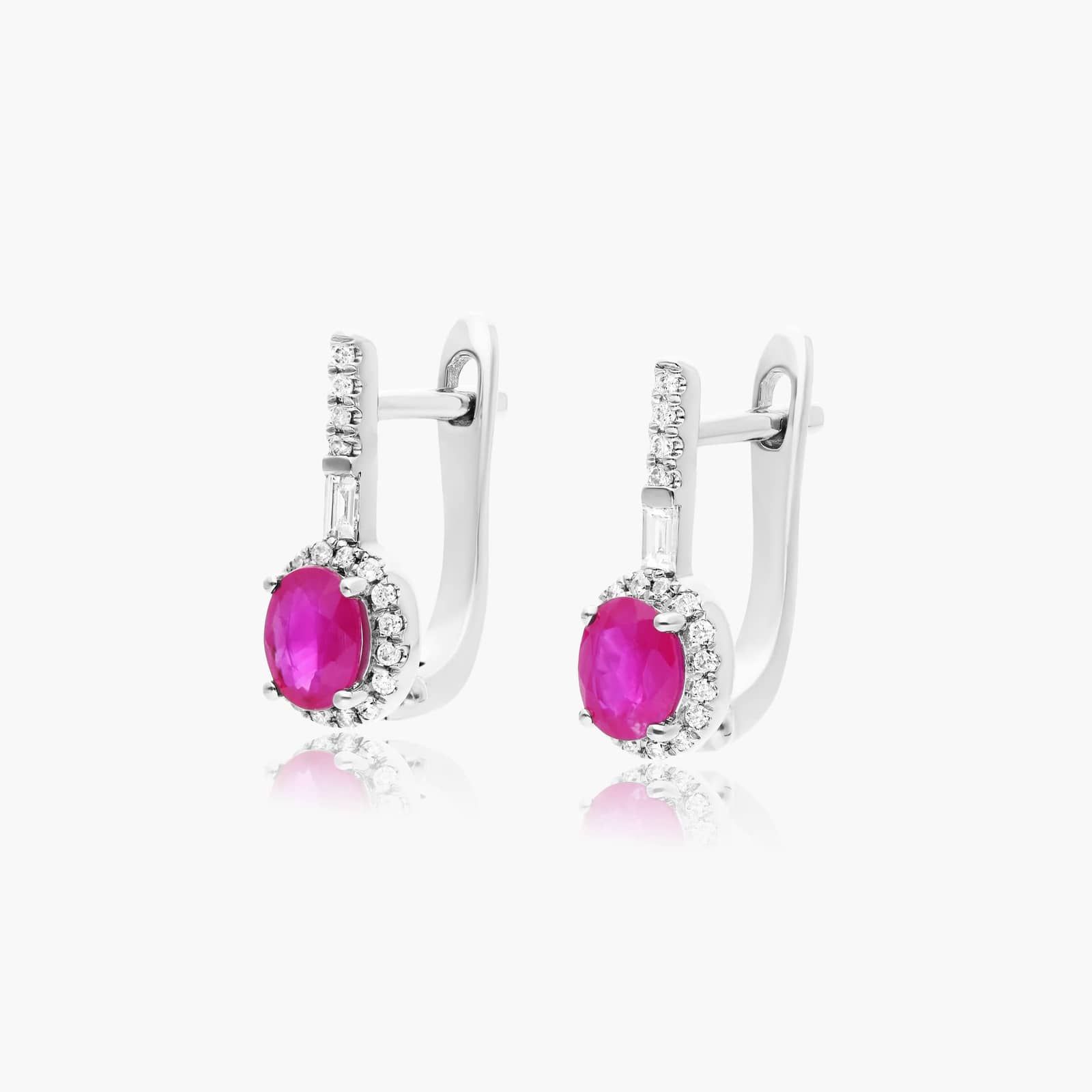 Petite Ruby And Diamond Halo Drop Earrings In 14K White Gold
