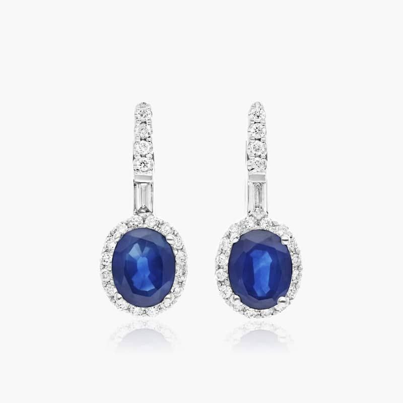 Petite Sapphire And Diamond Halo Drop Earrings In 14K White Gold