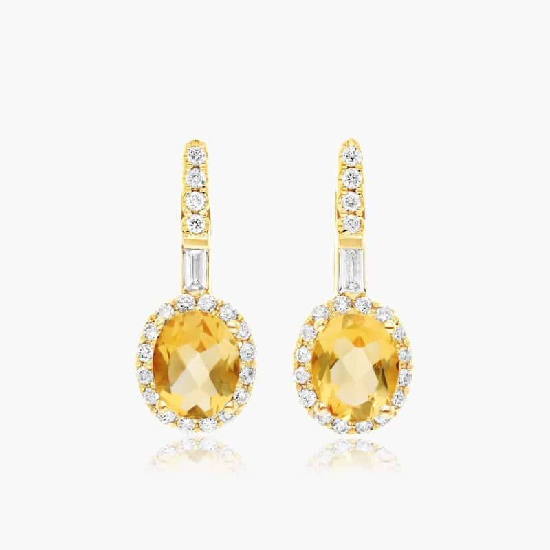 Petite Citrine And Diamond Halo Drop Earrings In 14K Yellow Gold
