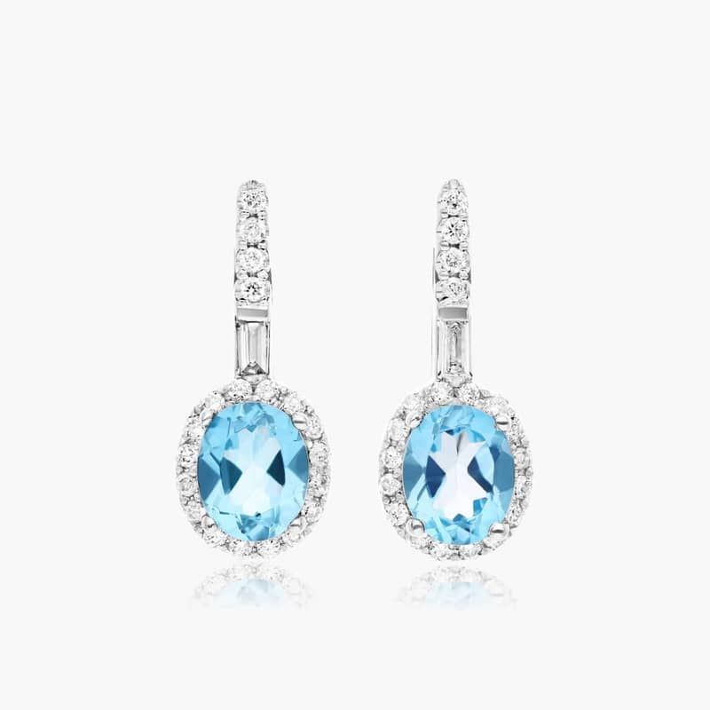 Petite Blue Topaz And Diamond Halo Drop Earrings In 14K White Gold