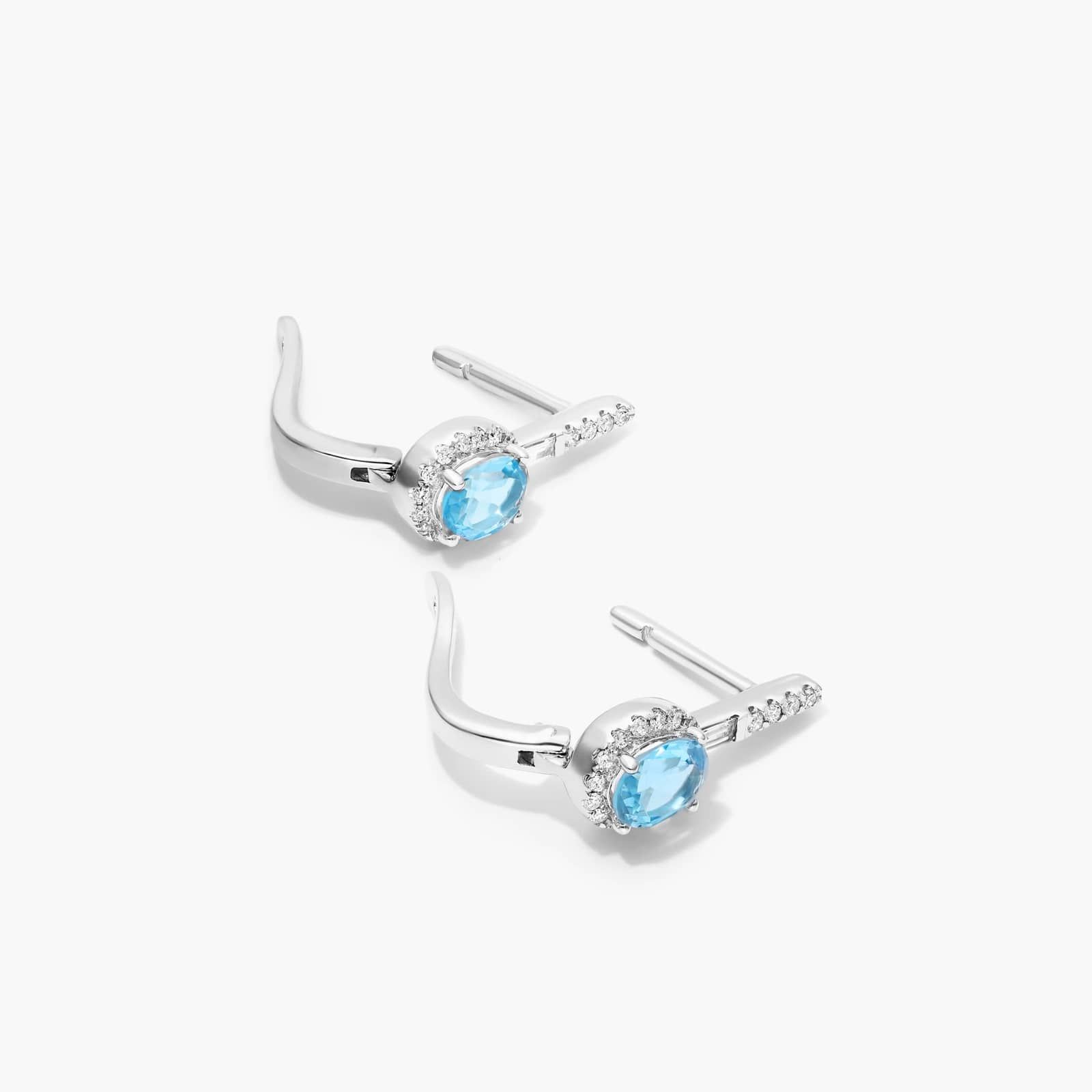 Petite Blue Topaz And Diamond Halo Drop Earrings In 14K White Gold