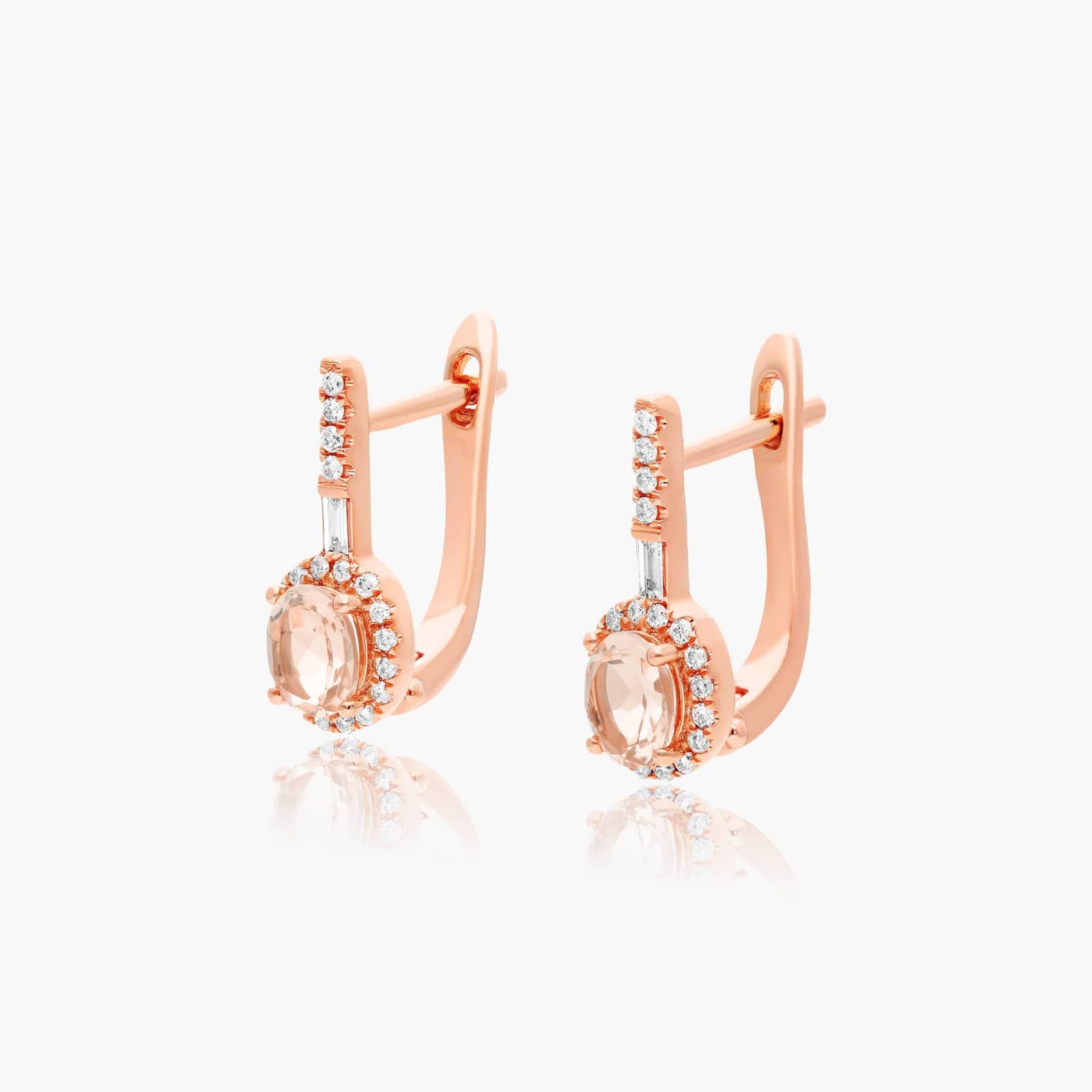 Petite Morganite And Diamond Halo Drop Earrings In 14K Rose Gold