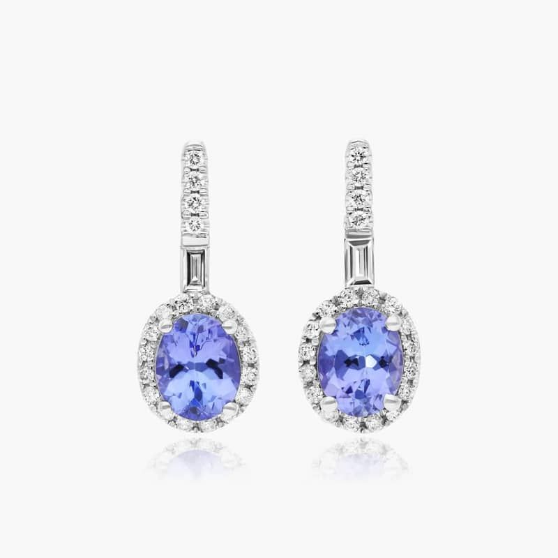 Petite Tanzanite And Diamond Halo Drop Earrings In 14K White Gold