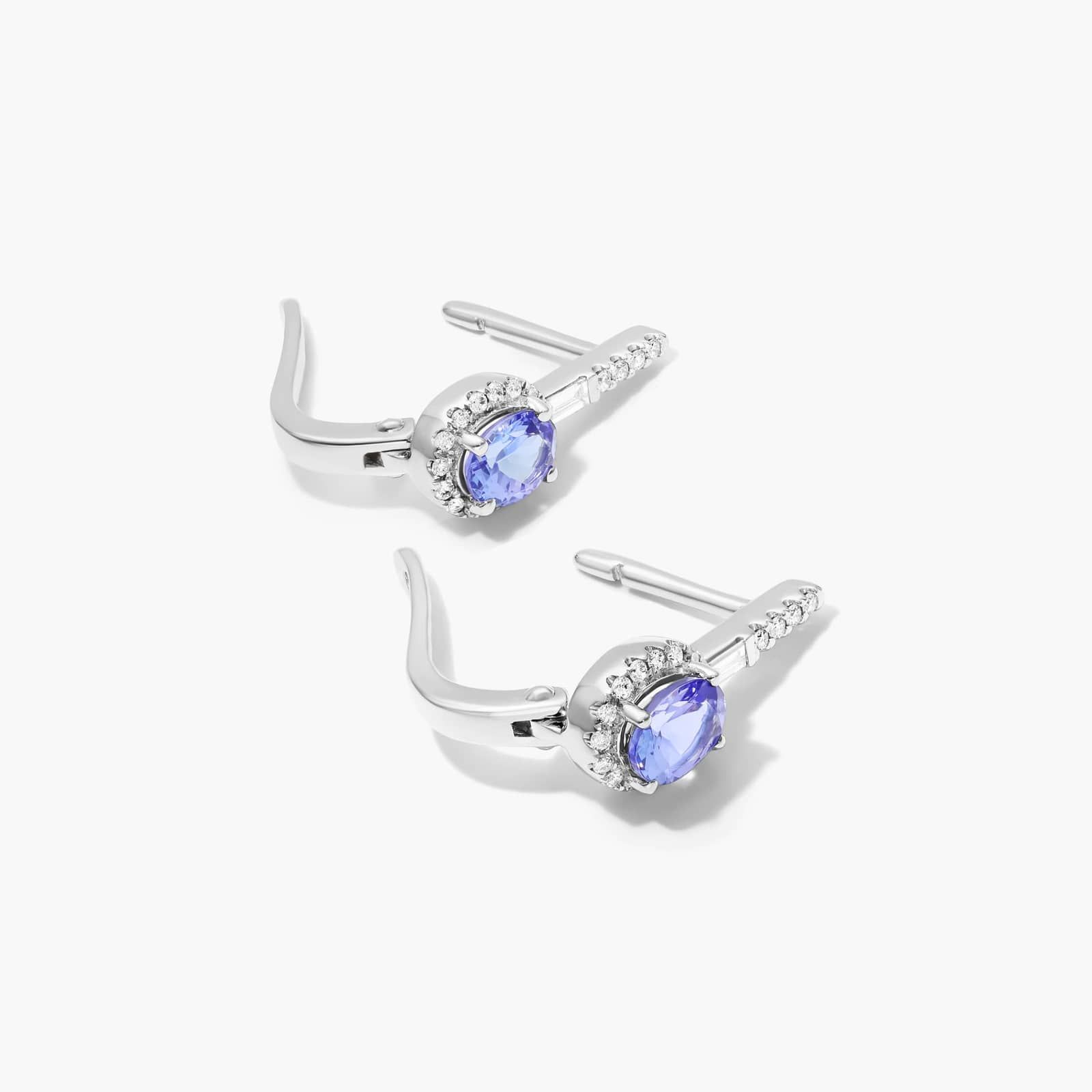 Petite Tanzanite And Diamond Halo Drop Earrings In 14K White Gold