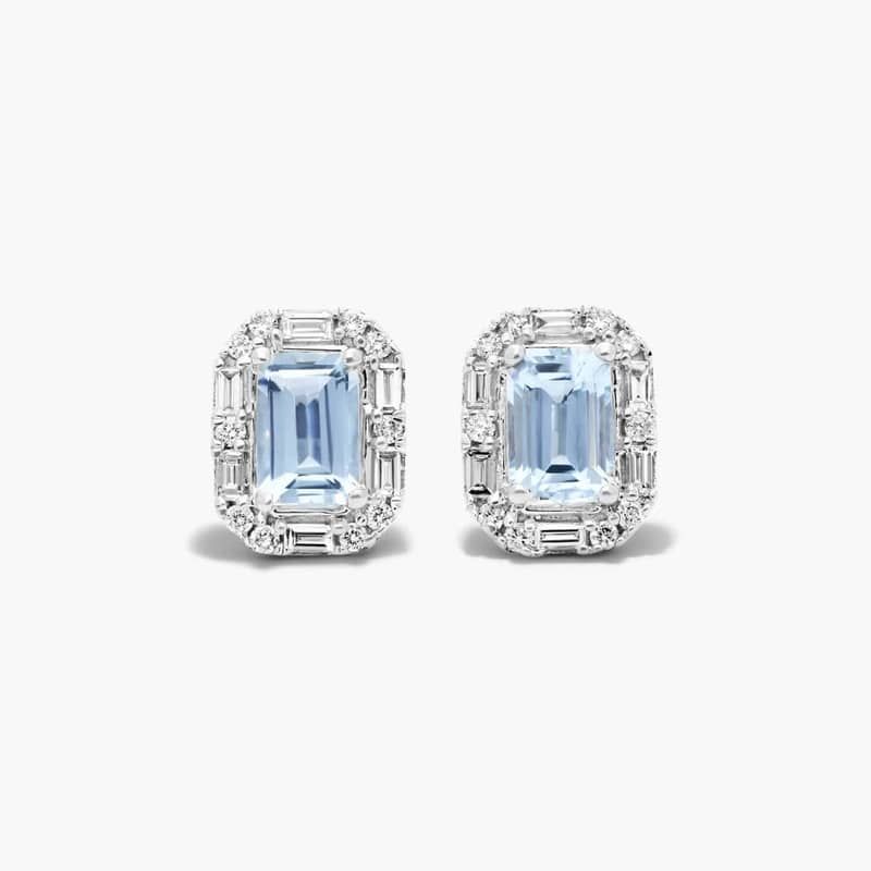 Allure Aquamarine And Diamond Halo Earrings In 14K White Gold