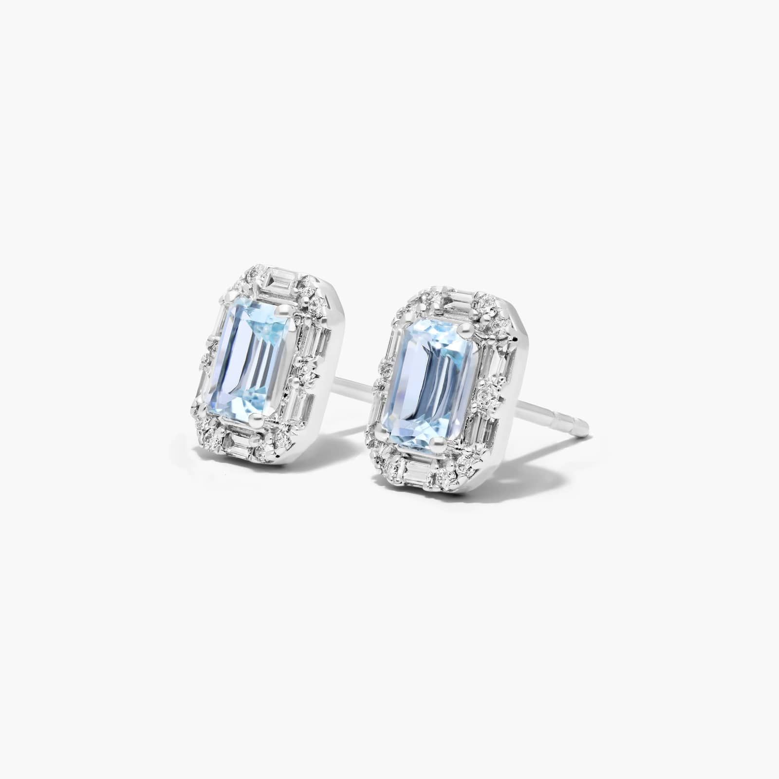 Allure Aquamarine And Diamond Halo Earrings In 14K White Gold