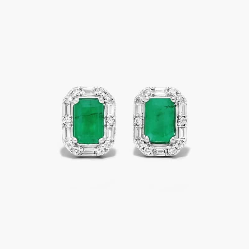 Allure Emerald And Diamond Halo Earrings In 14K White Gold