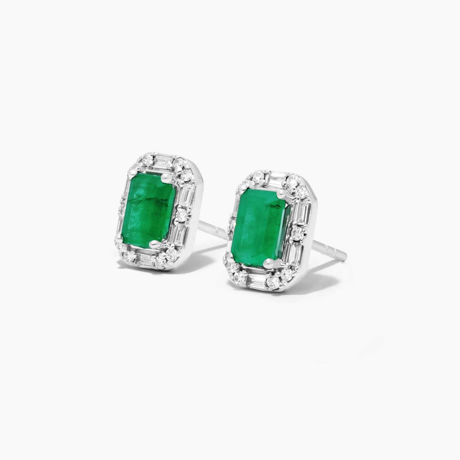 Allure Emerald And Diamond Halo Earrings In 14K White Gold