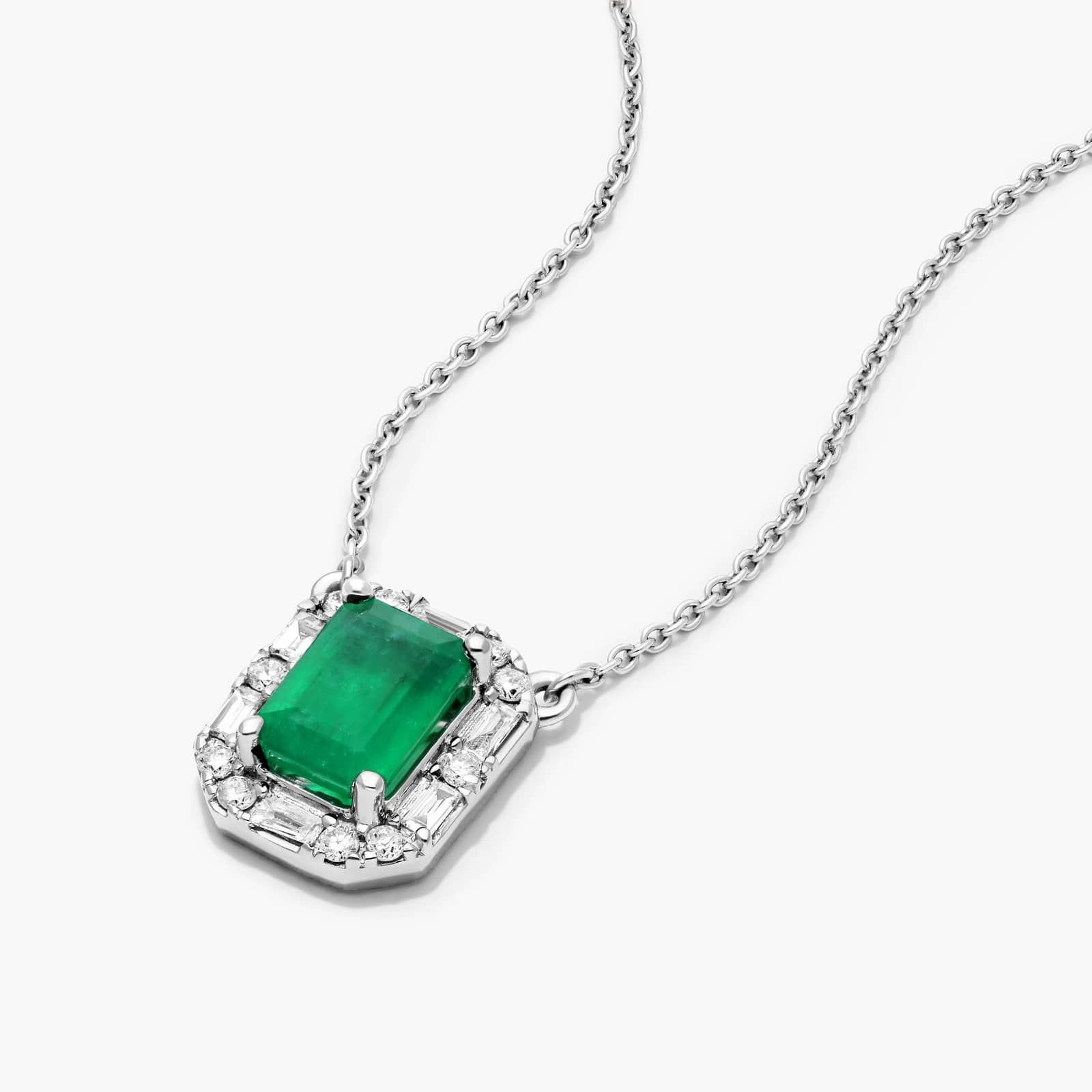 14K White Gold Allure Diamond Halo Emerald Necklace