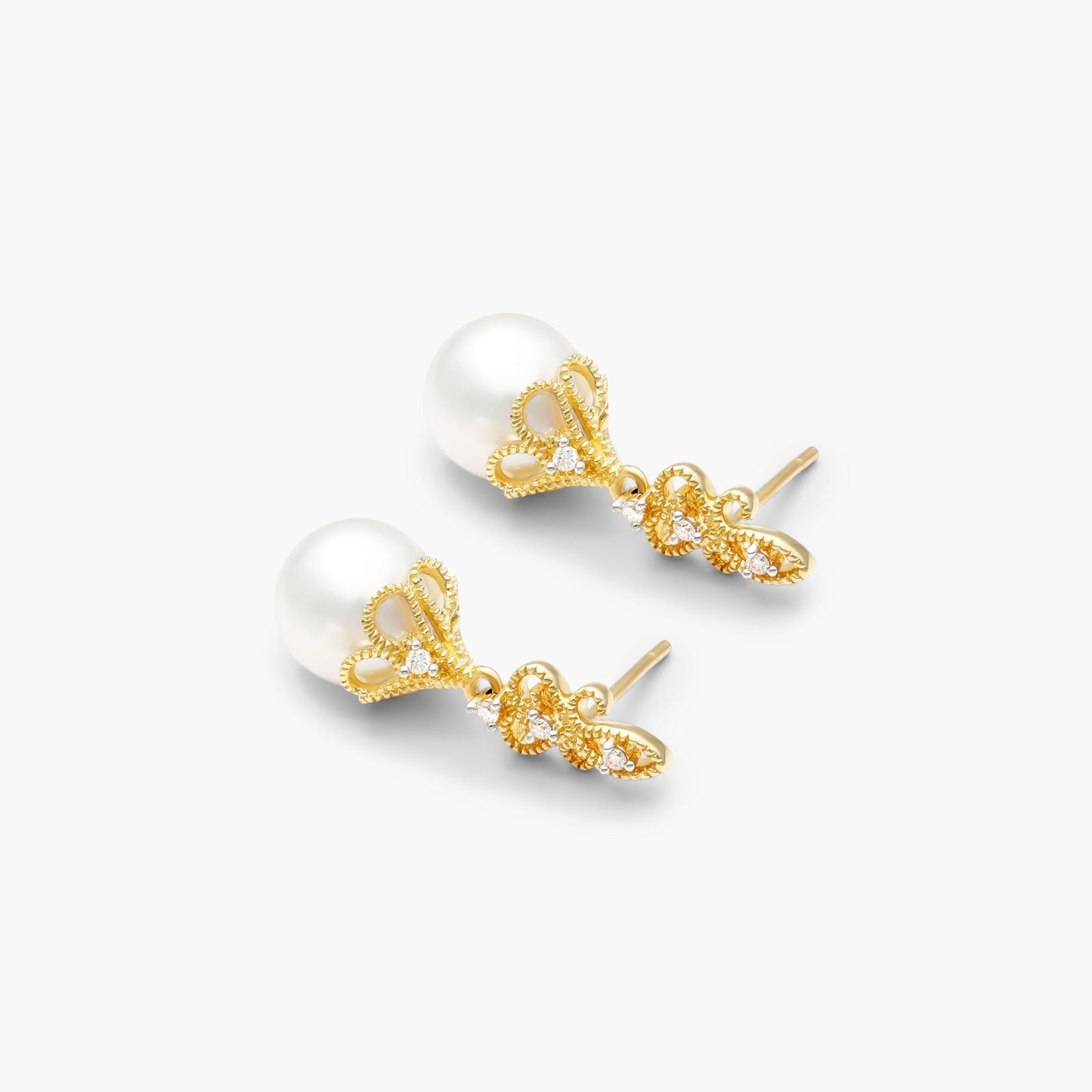 Vintage Inspired Cultured Freshwater Pearl And Diamond Drop Earrings In 14K Yellow Gold (9.0-9.5mm)