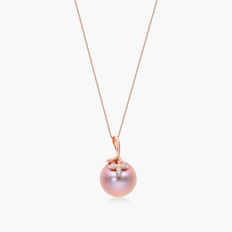 14K Rose Gold Pink Freshwater Cultured Windsor Pearl and Diamond Trio Leaf Pendant (13.0-14.0mm)