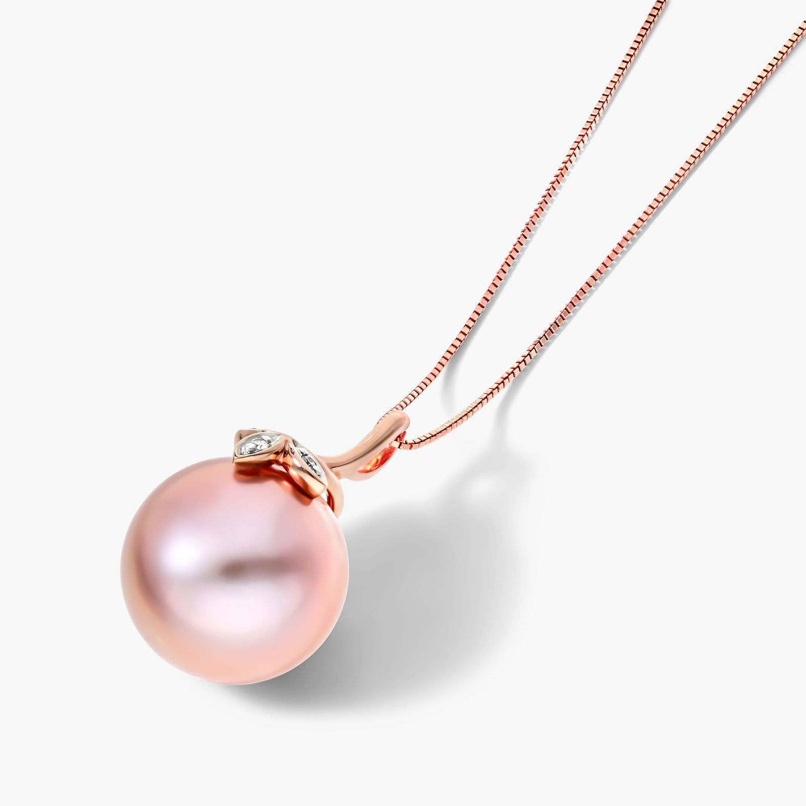 14K Rose Gold Pink Freshwater Cultured Windsor Pearl and Diamond Trio Leaf Pendant (13.0-14.0mm)