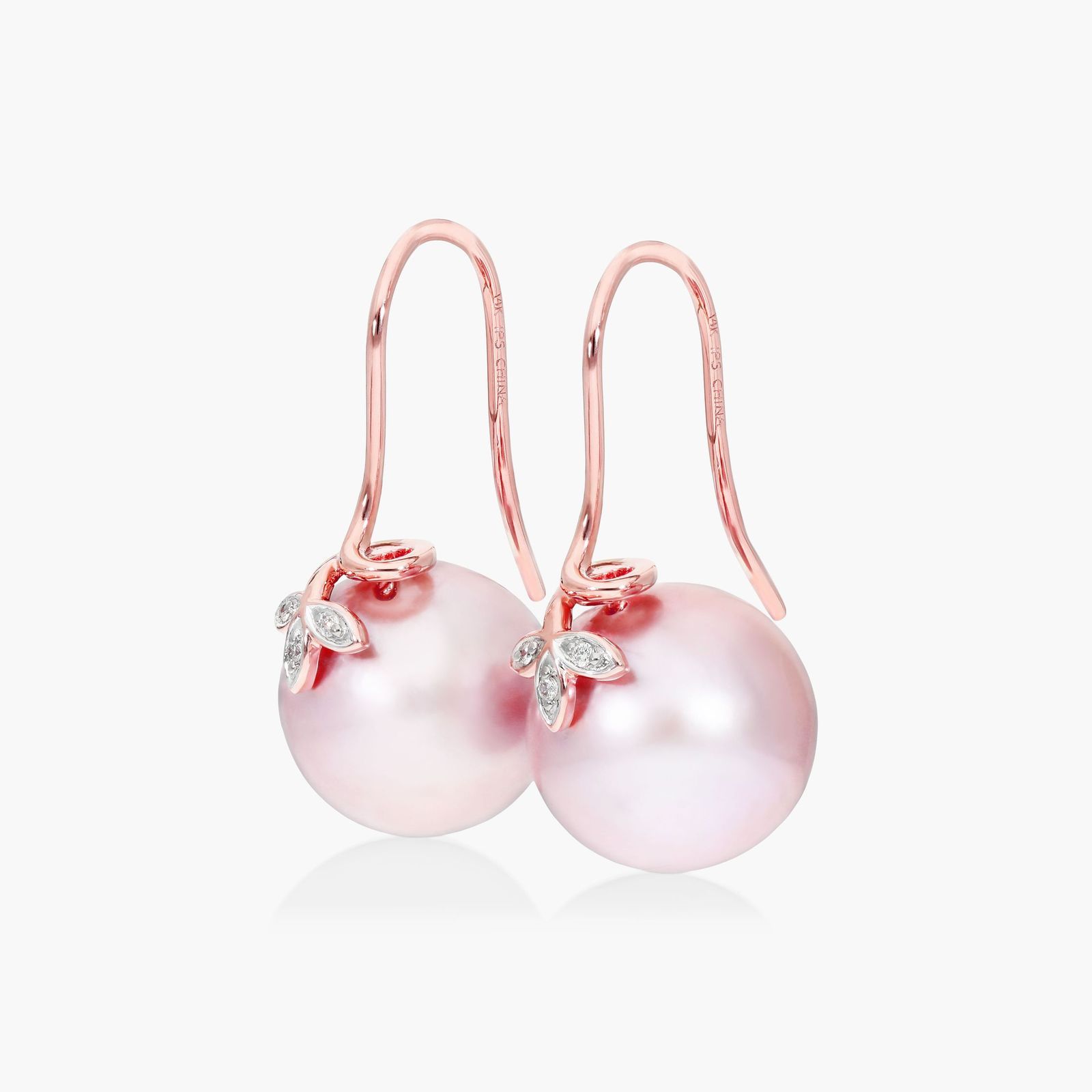 Pink Cultured Freshwater Pearl And Diamond Trio Leaf Drop Earrings In 14K Rose Gold (13.0-14.0mm)