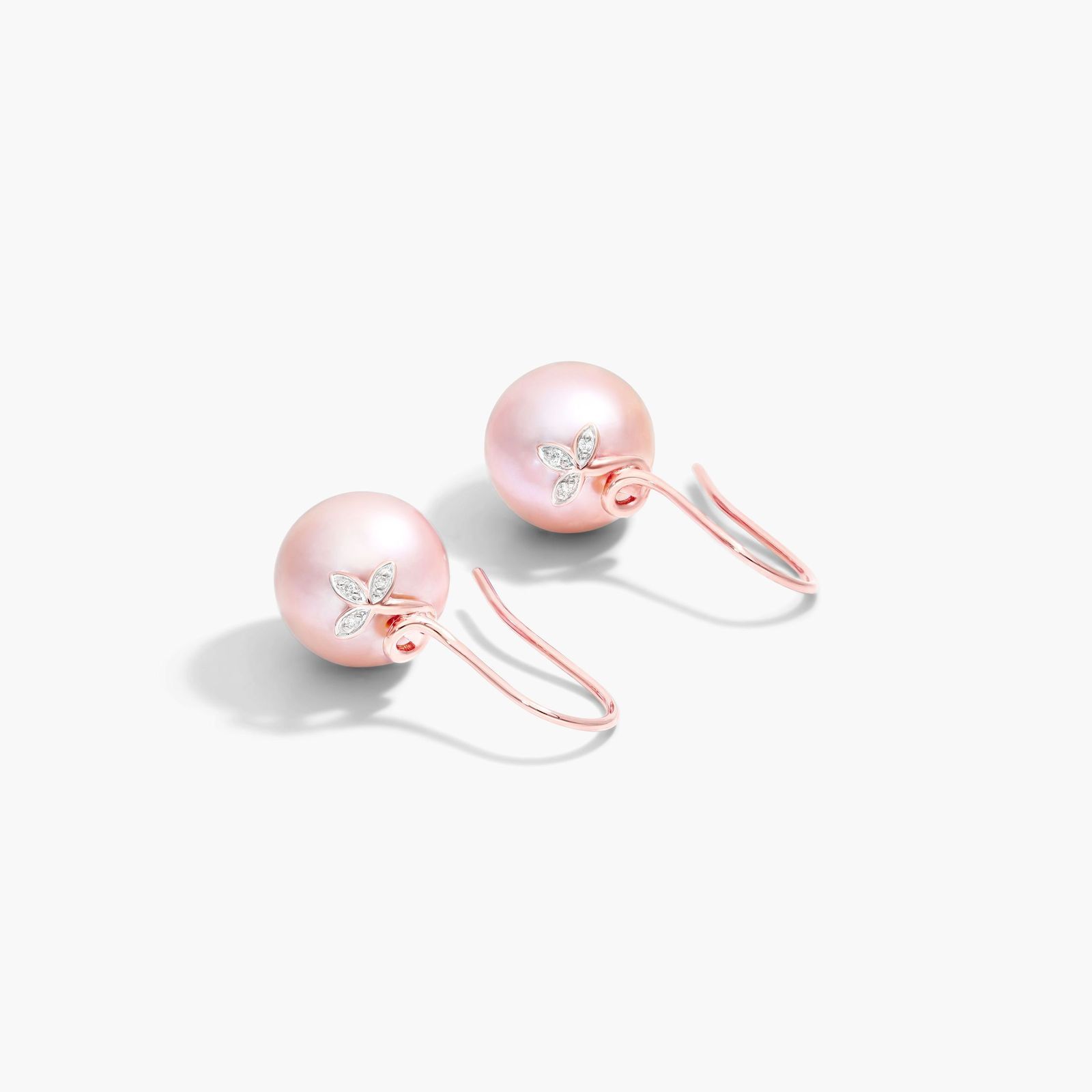 Pink Cultured Freshwater Pearl And Diamond Trio Leaf Drop Earrings In 14K Rose Gold (13.0-14.0mm)