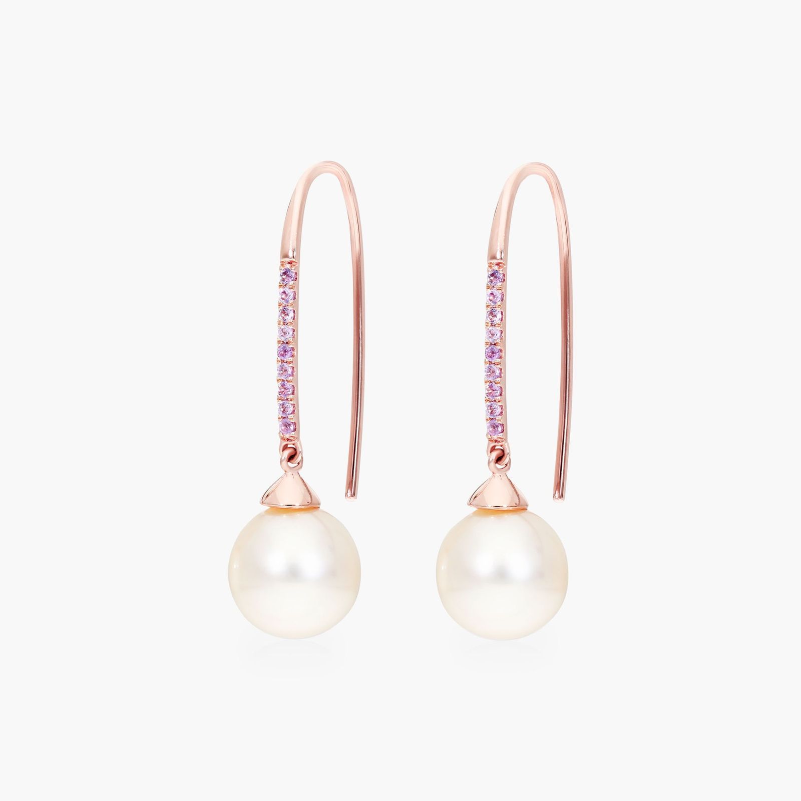 Cultured Freshwater Pearl And Amethyst Drop Earrings In 14K Rose Gold (8.0-8.5mm)