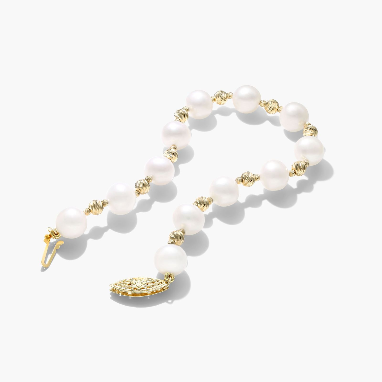 Freshwater Cultured Pearl and Textured Bead Bracelet In 14K Yellow Gold