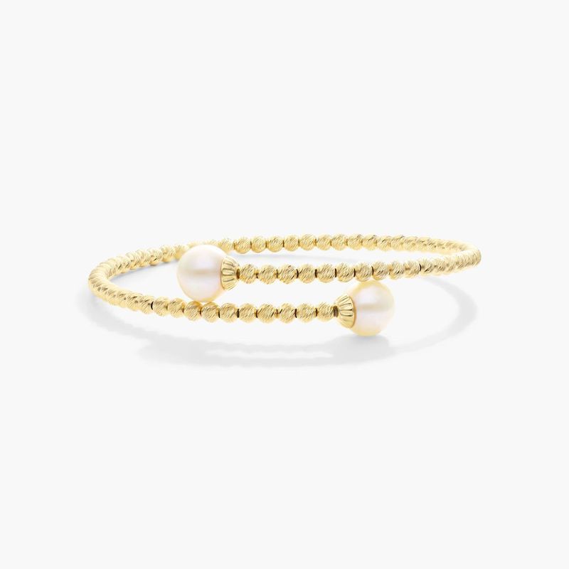 Freshwater Cultured Pearl and Textured Brilliance Bead Bangle Bracelet In 14K Yellow Gold