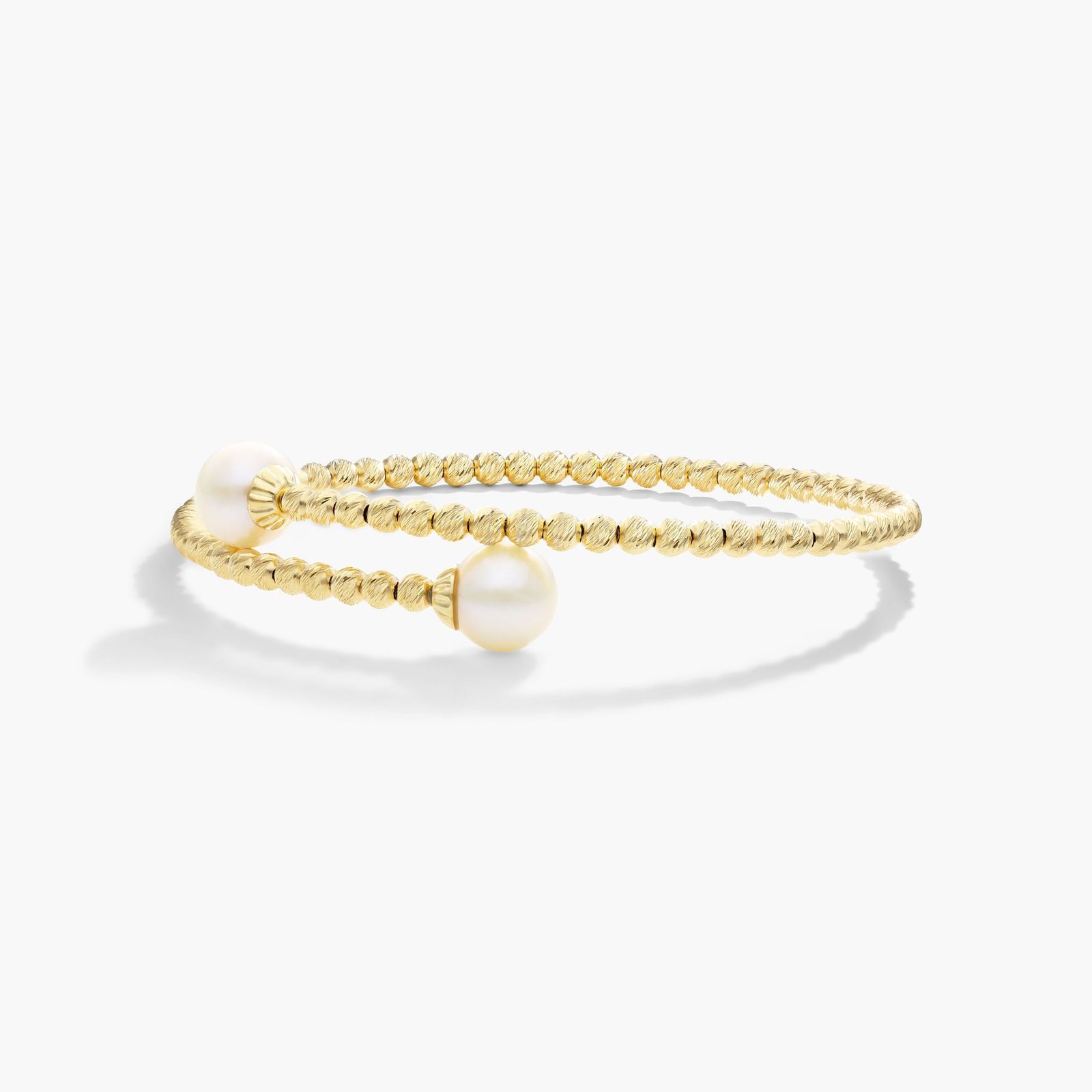 Freshwater Cultured Pearl and Textured Brilliance Bead Bangle Bracelet In 14K Yellow Gold