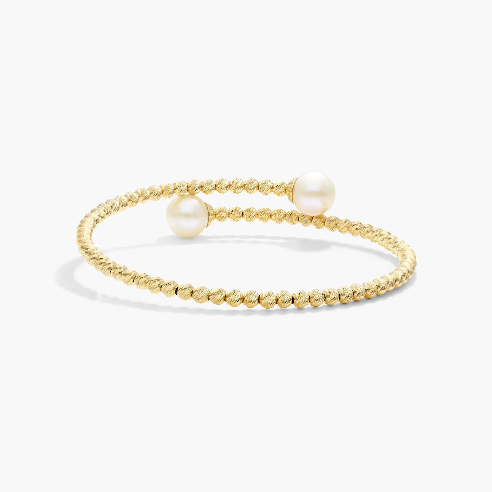 Freshwater Cultured Pearl and Textured Brilliance Bead Bangle Bracelet In 14K Yellow Gold