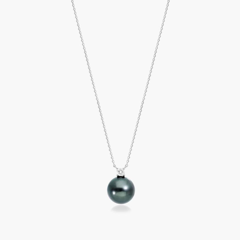 14K White Gold Tahitian Cultured Pearl and Diamond Necklace (10.0-11.0mm)