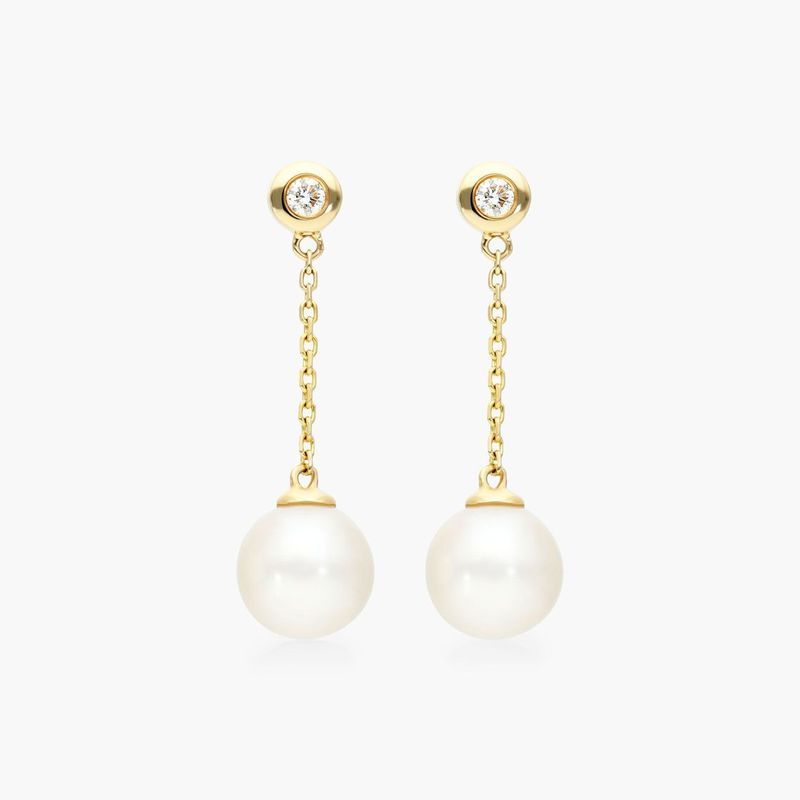 Freshwater Pearl And Bezel Set Diamond Drop Earrings In 14K Yellow Gold (8.0-8.5mm)