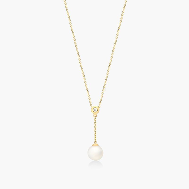 14K Yellow Gold Freshwater Pearl and Bezel Set Diamond Drop Necklace (8.0-8.5mm)
