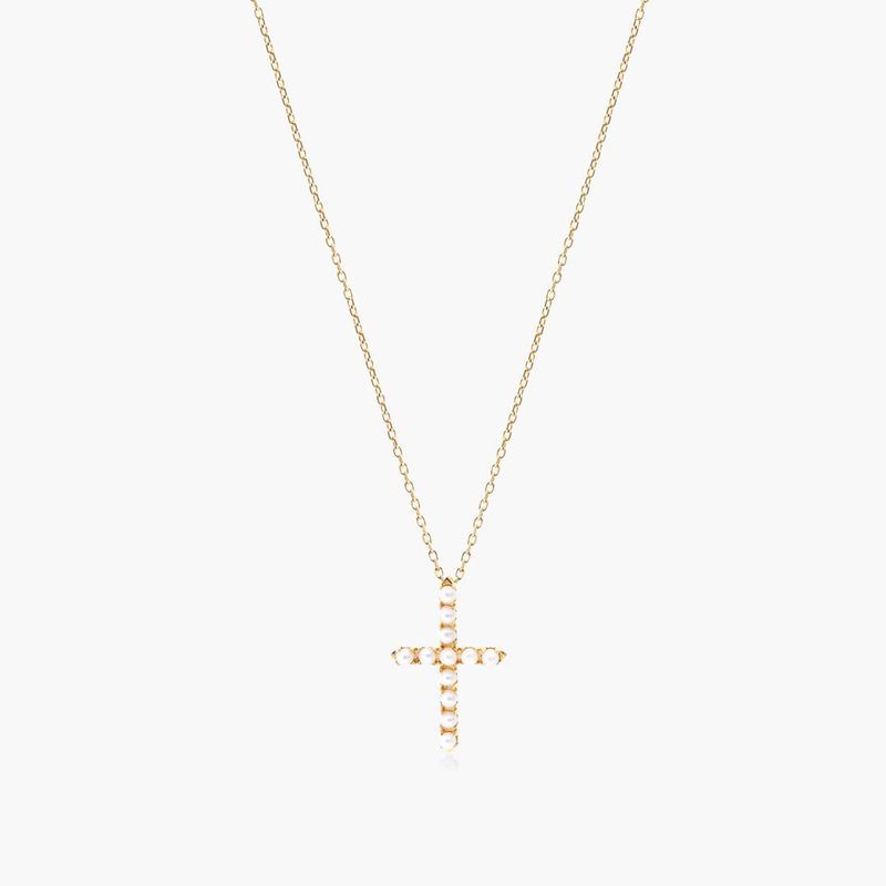 14K Yellow Gold Freshwater Cultured Seed Pearl Cross Necklace (1.5-2.0mm)