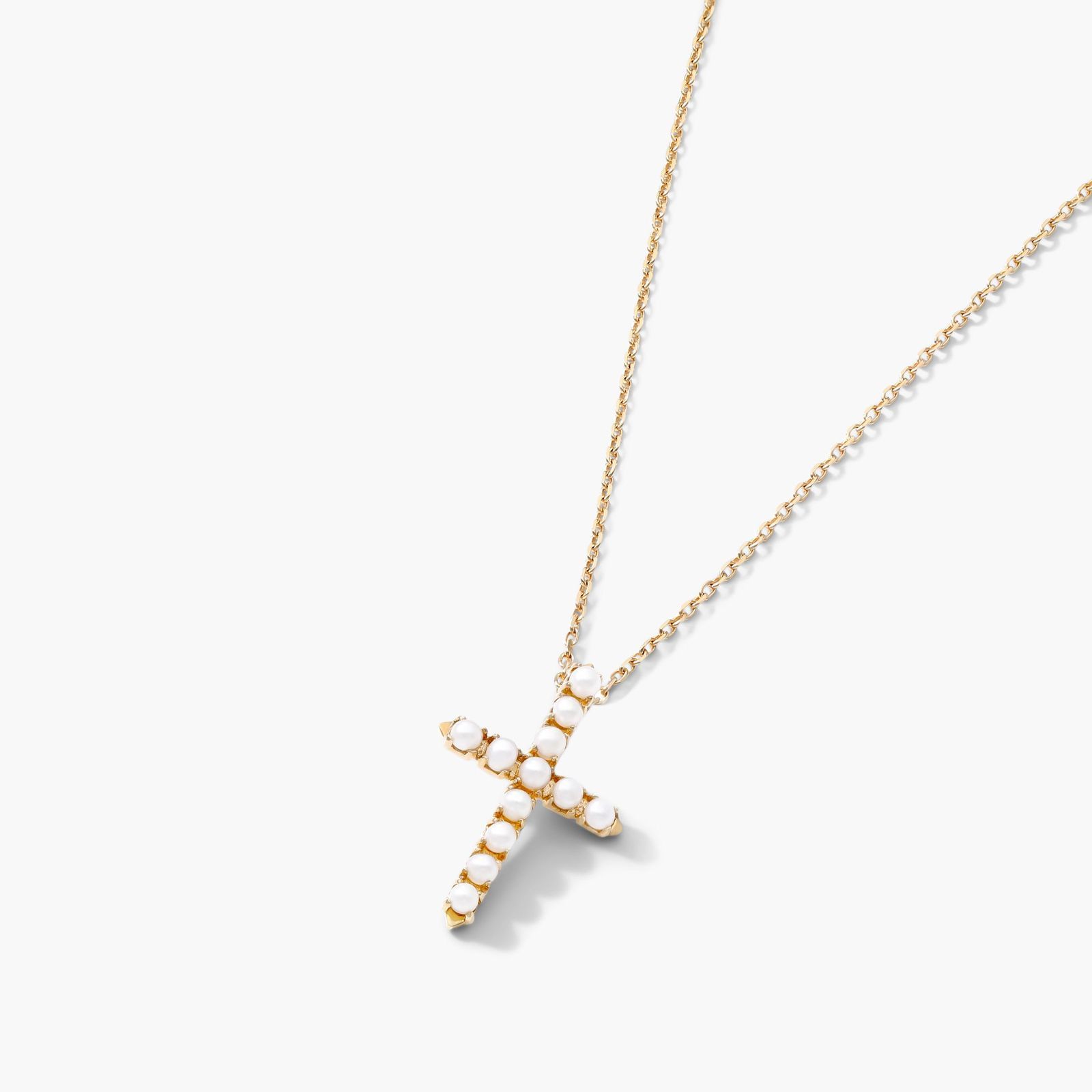 14K Yellow Gold Freshwater Cultured Seed Pearl Cross Necklace (1.5-2.0mm)
