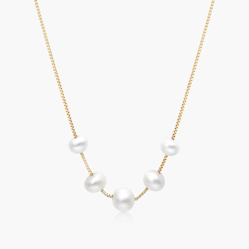 14K Yellow Gold Freshwater Cultured Pearl Graduated Station Necklace (4.0-6.5mm)