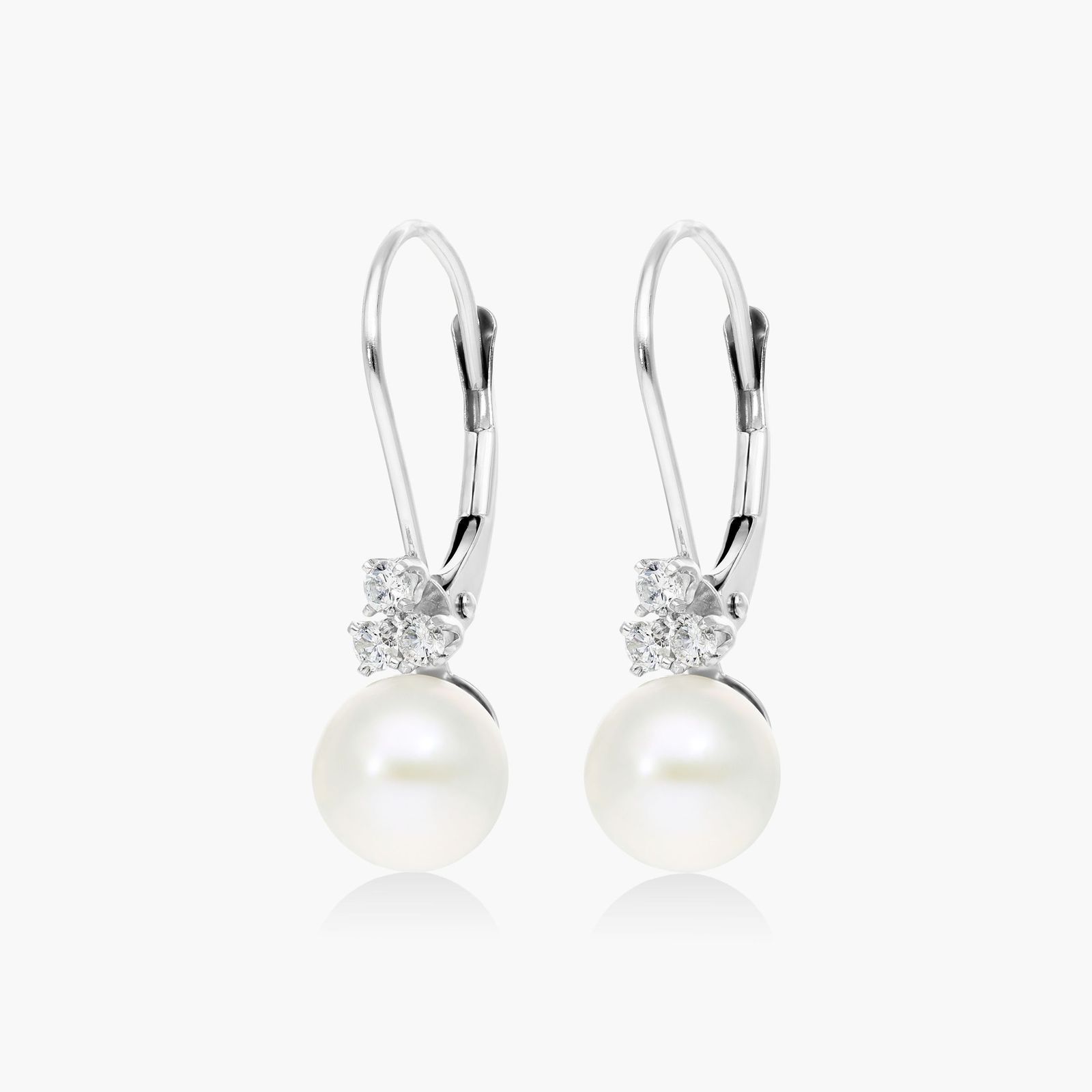 Cultured Freshwater Pearl And Diamond Trio Leverback Earrings In 14K White Gold (7.0-7.5mm)