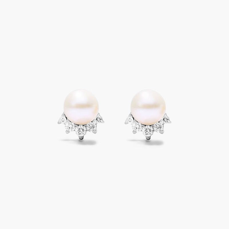 Crown Freshwater Pearl And Diamond Earrings In 14K White Gold
