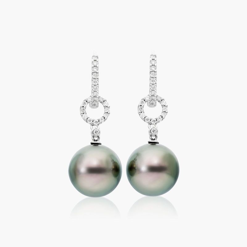 Cultured Tahitian Pearl And Diamond Link Drop Earrings In 18K White Gold (11.0-12.0mm)