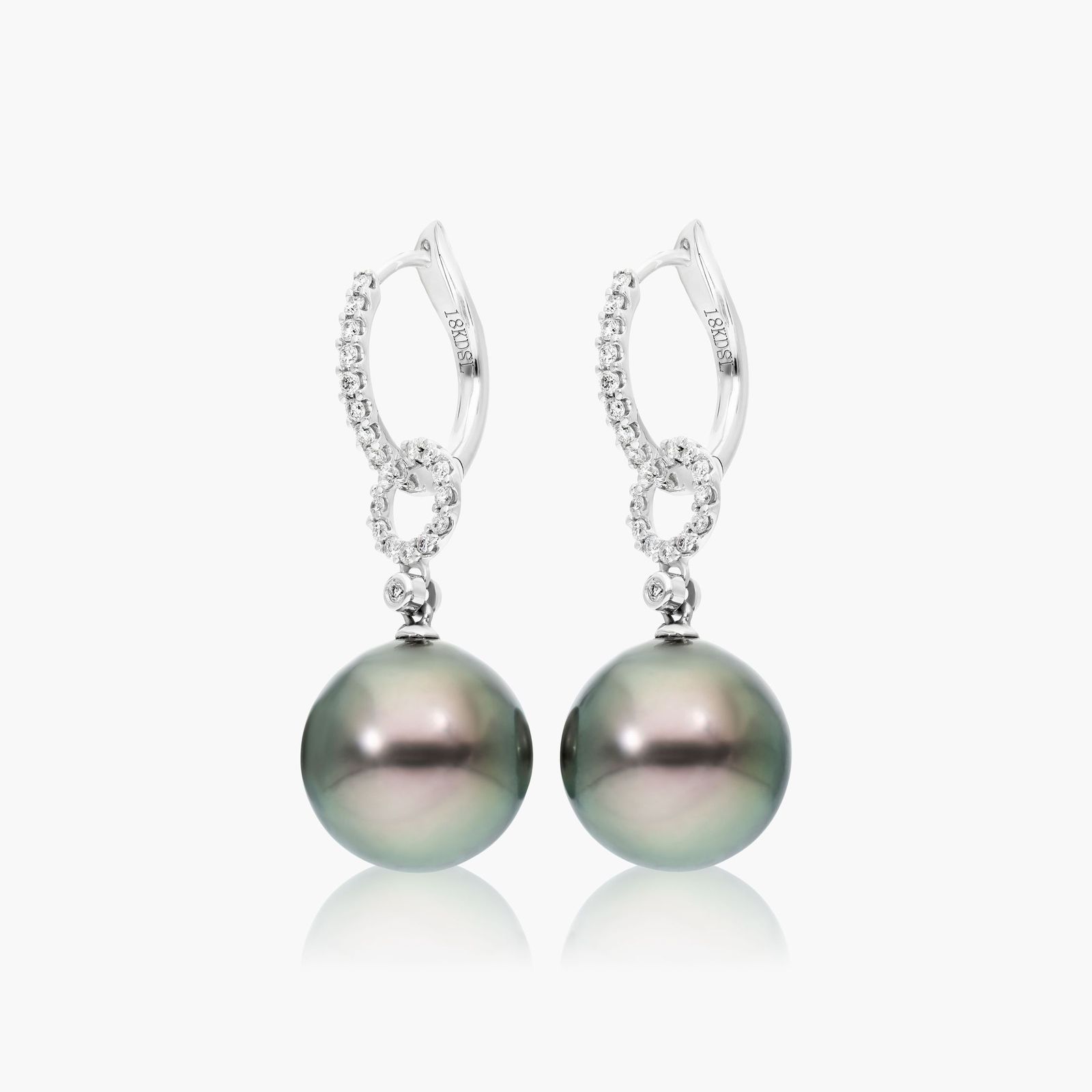 Cultured Tahitian Pearl And Diamond Link Drop Earrings In 18K White Gold (11.0-12.0mm)