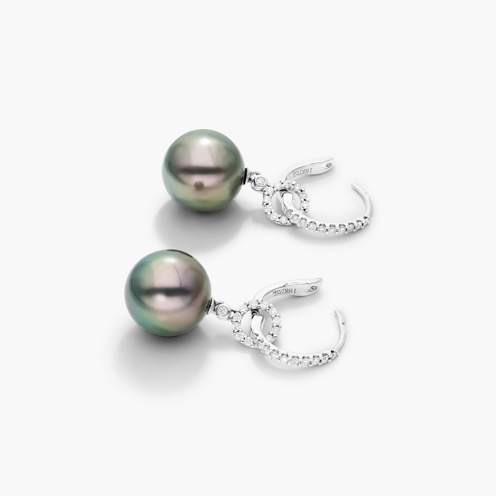 Cultured Tahitian Pearl And Diamond Link Drop Earrings In 18K White Gold (11.0-12.0mm)