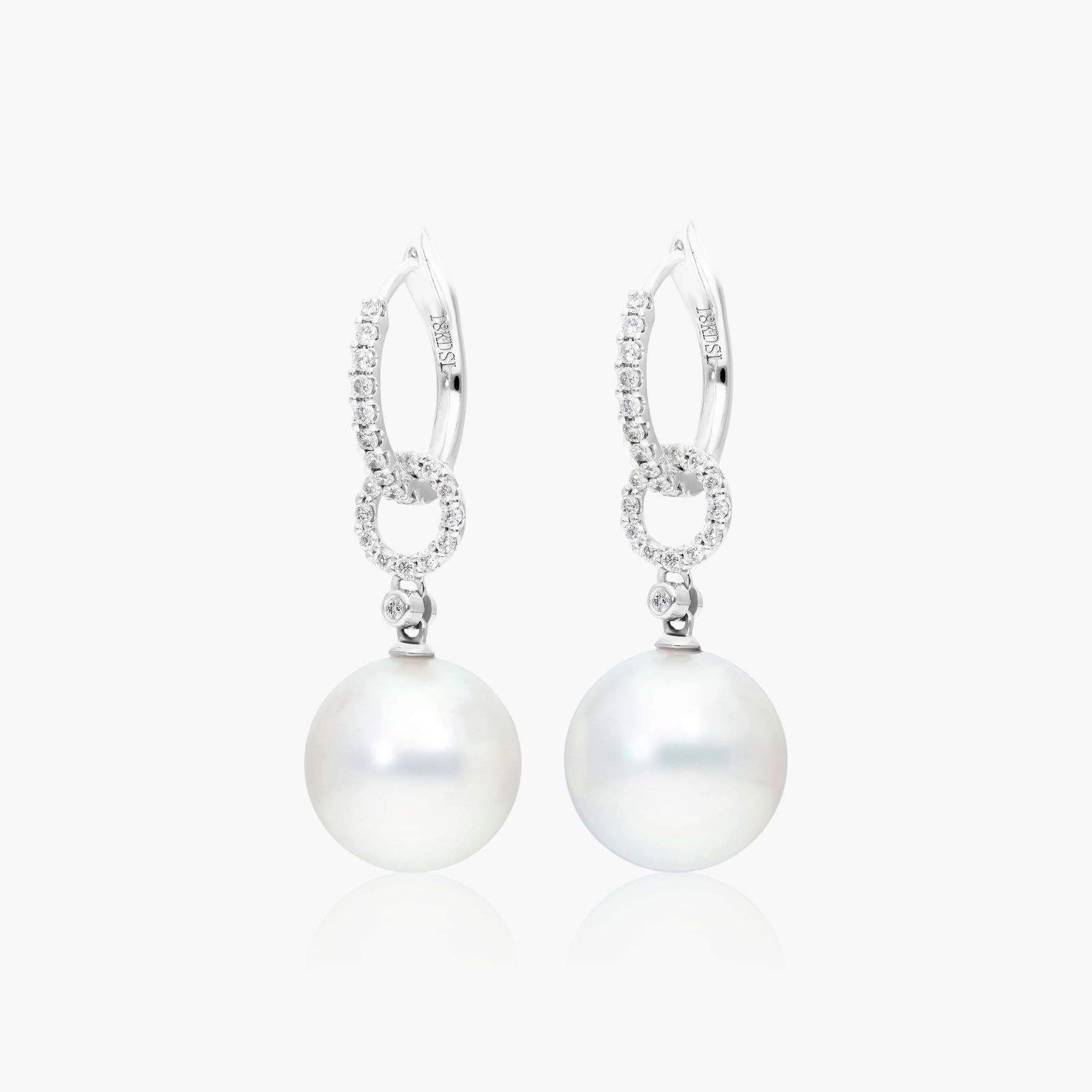 Cultured South Sea Pearl And Diamond Link Drop Earrings In 18K White Gold (11.0-12.0mm)