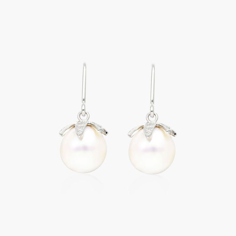 Cultured Freshwater Pearl And Diamond Leaf Motif Drop Earrings In 14K White Gold (8.0-9.0mm)