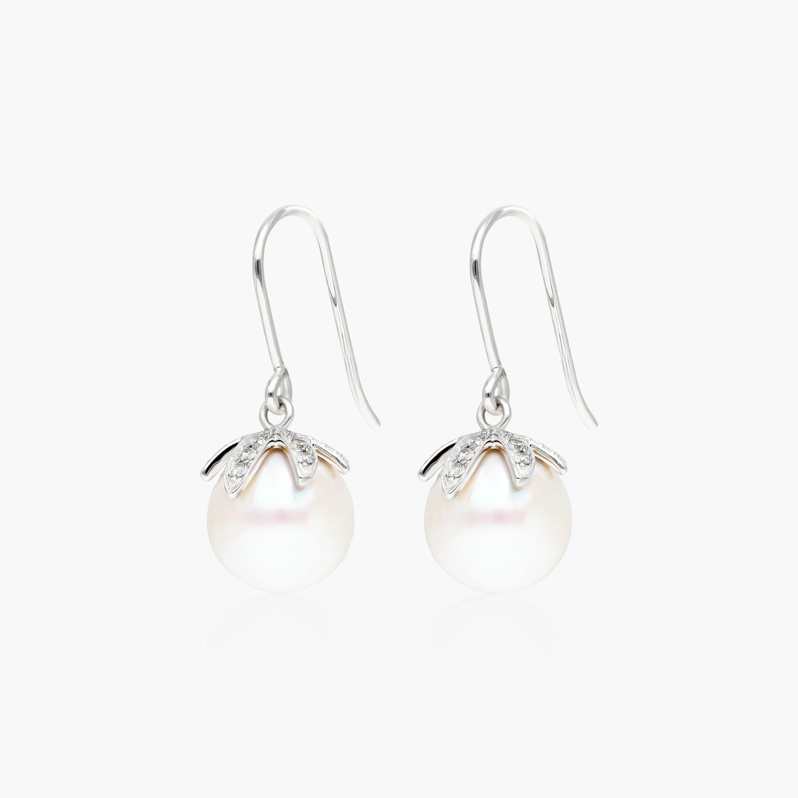 Cultured Freshwater Pearl And Diamond Leaf Motif Drop Earrings In 14K White Gold (8.0-9.0mm)