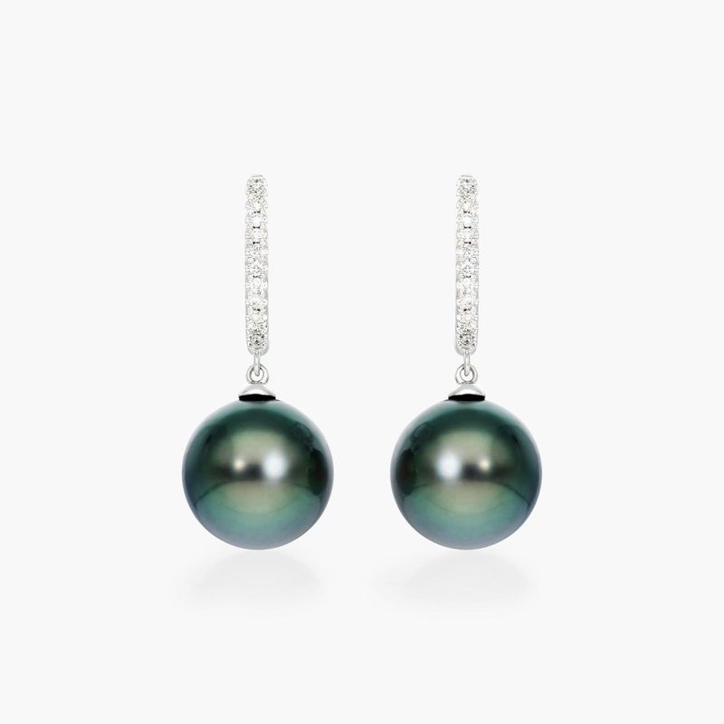 Cultured Tahitian Pearl And Diamond Drop Earrings In 14K White Gold (10.0-11.0mm)