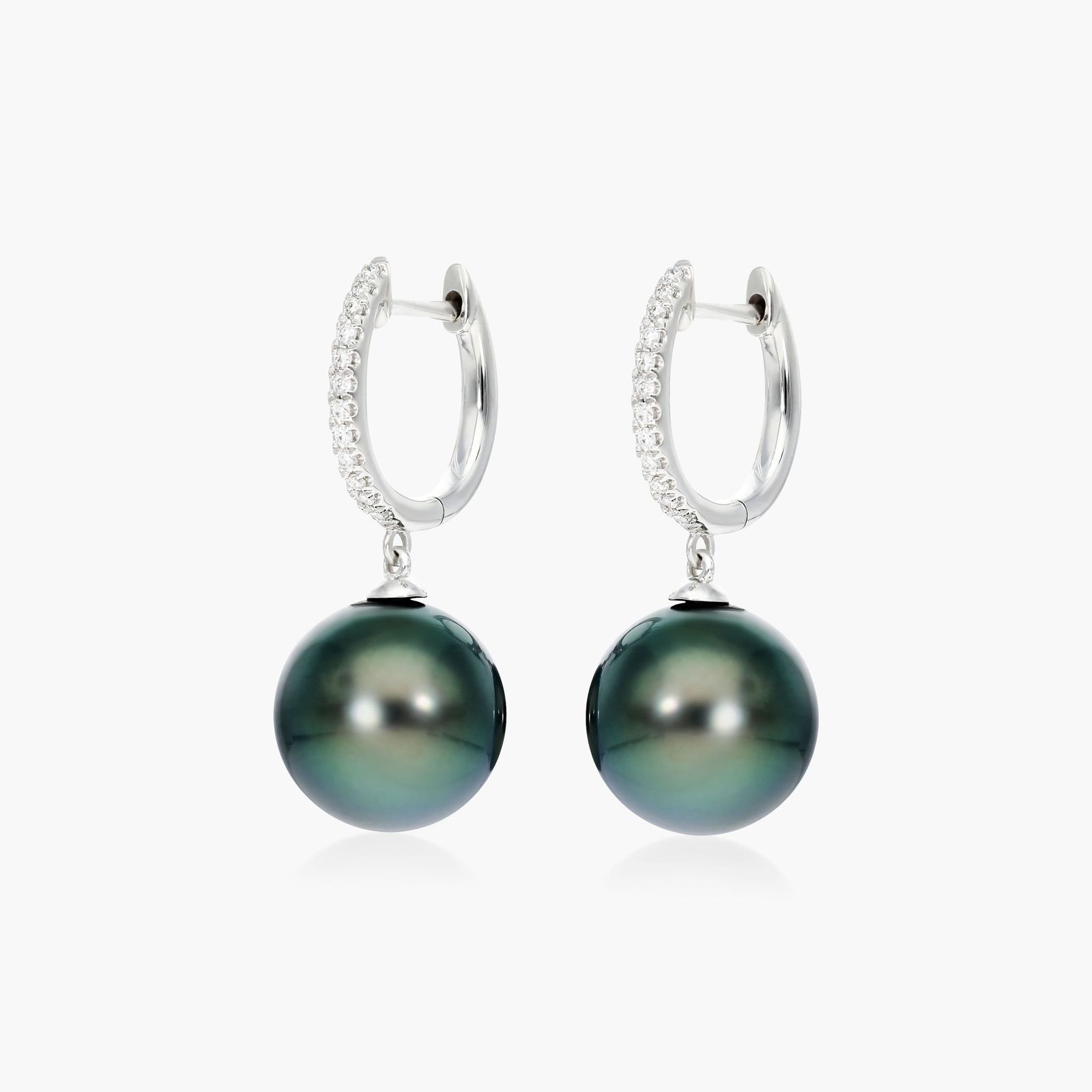 Cultured Tahitian Pearl And Diamond Drop Earrings In 14K White Gold (10.0-11.0mm)