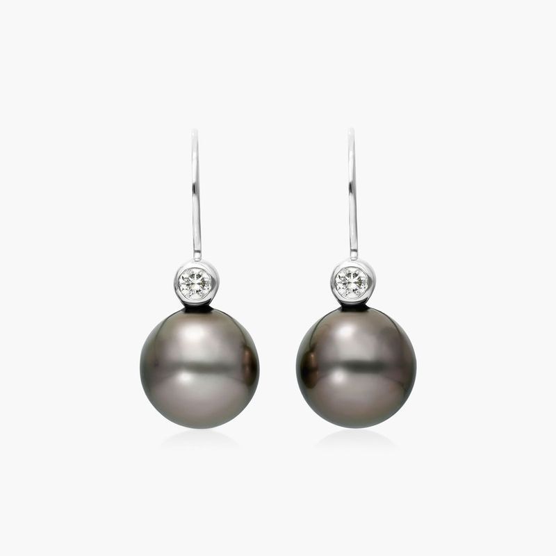 Cultured Tahitian Pearl And Bezel Diamond Drop Earrings In 18K White Gold (11.0-12.0mm)