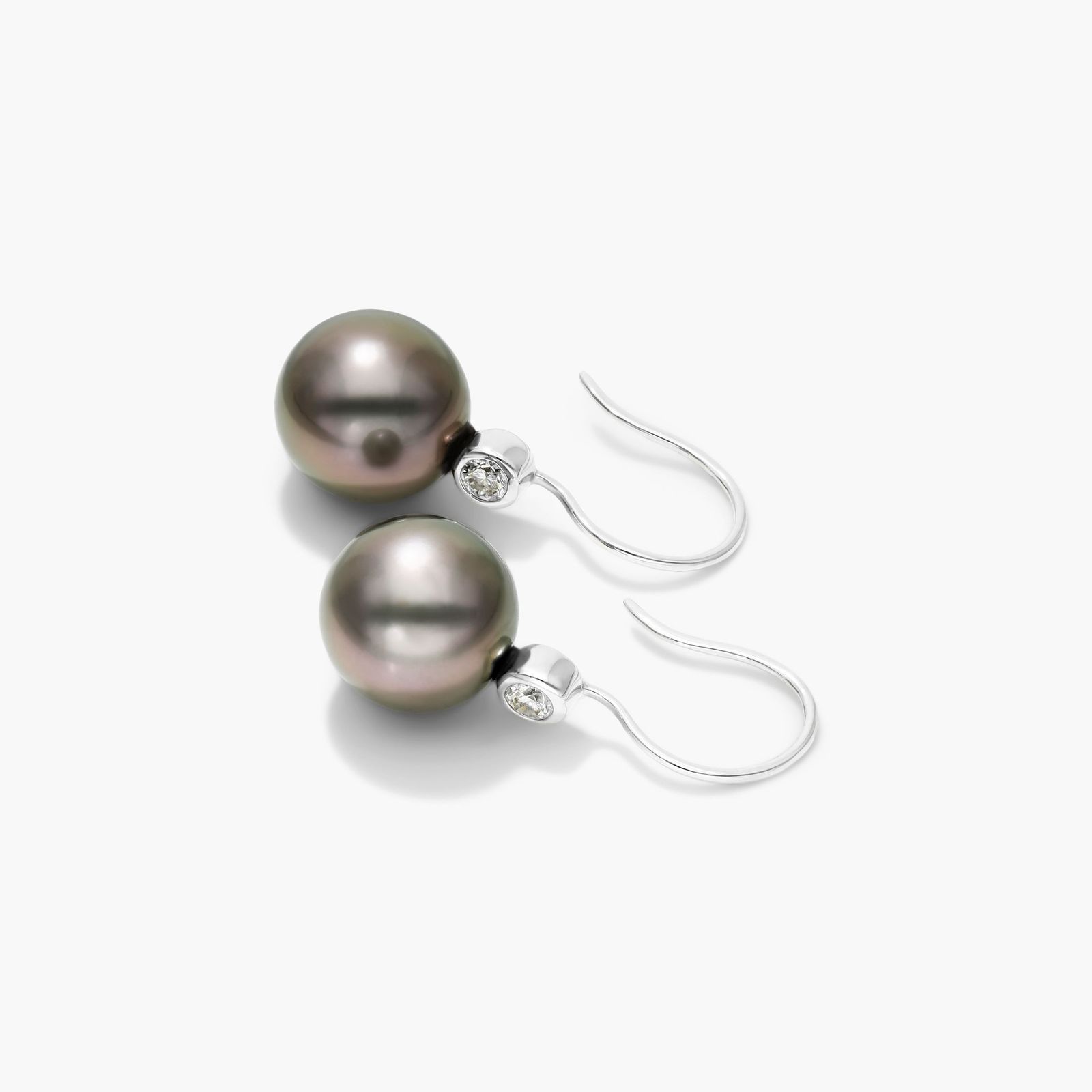 Cultured Tahitian Pearl And Bezel Diamond Drop Earrings In 18K White Gold (11.0-12.0mm)