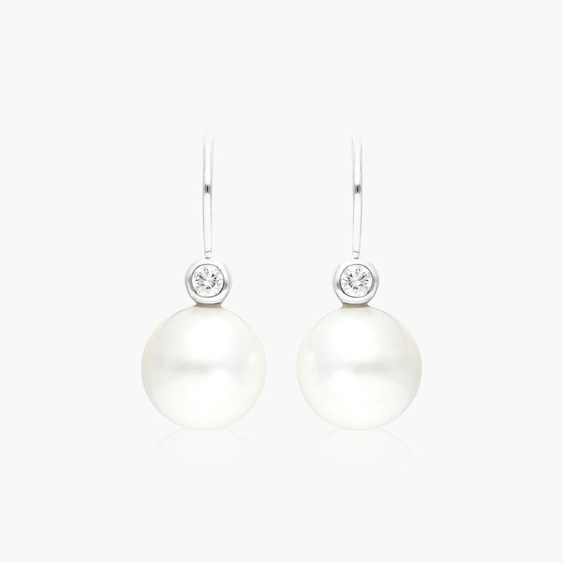 Cultured South Sea Pearl And Bezel Diamond Drop Earrings In 18K White Gold (11.0-12.0mm)