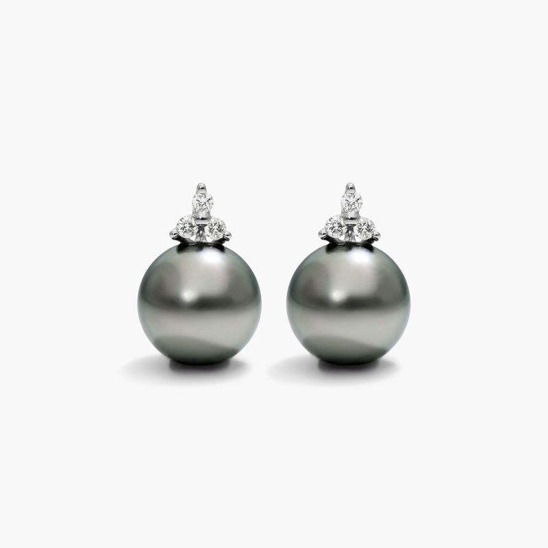 Cultured Tahitian Pearl And Diamond Trio Earrings In 14K White Gold (9.0-10.0mm)