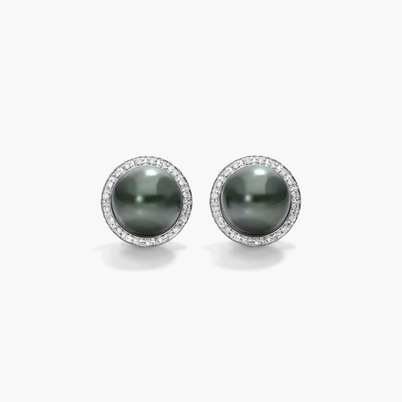 Cultured Tahitian Pearl And Diamond Halo Earrings In 14K White Gold (8.0-9.0mm)
