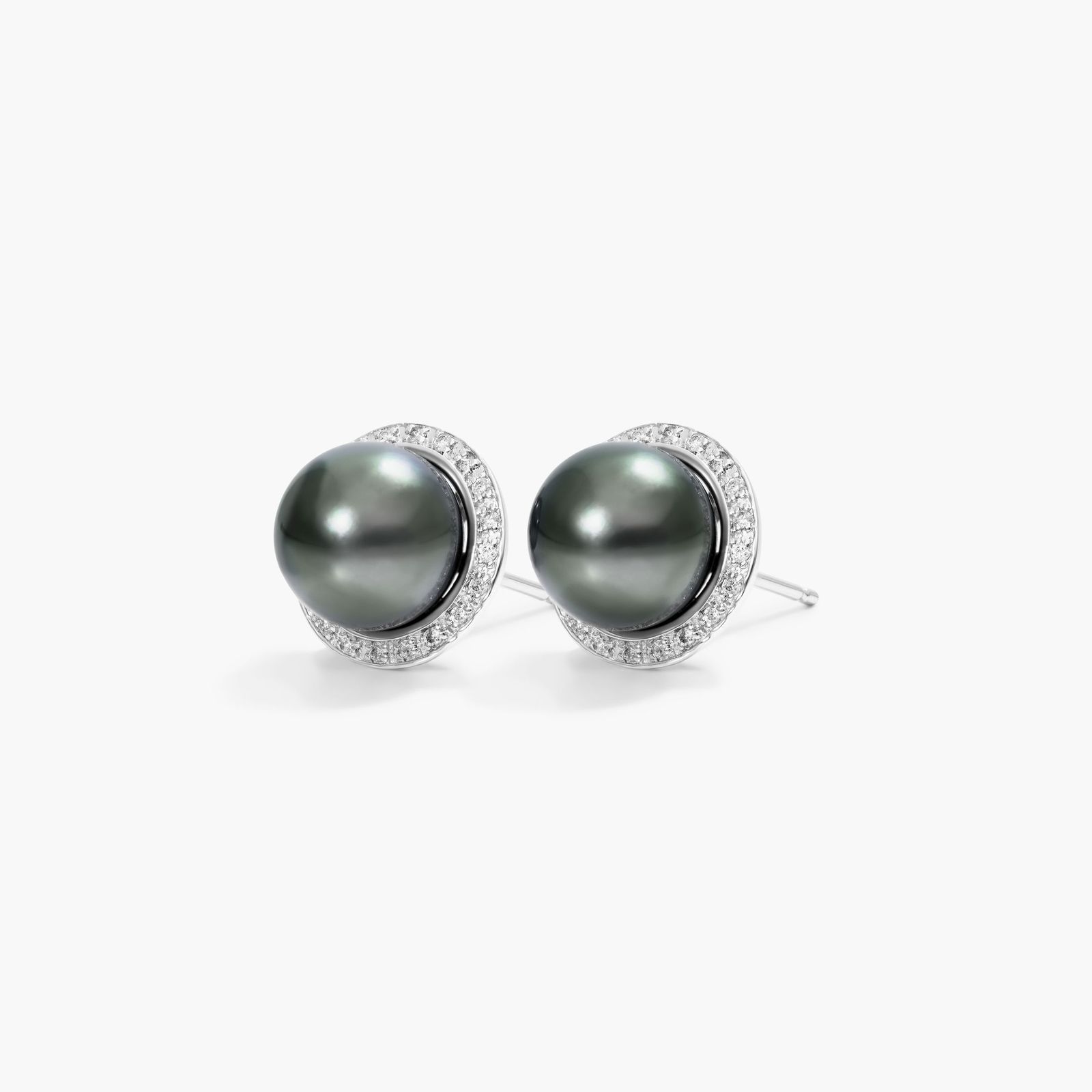 Cultured Tahitian Pearl And Diamond Halo Earrings In 14K White Gold (8.0-9.0mm)